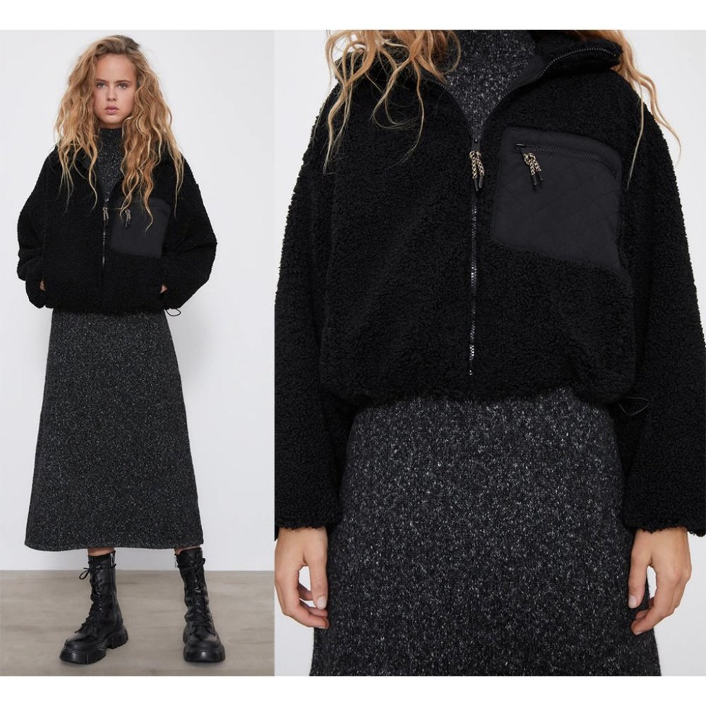 NWT! ZARA Black Fleece Jacket - Size S